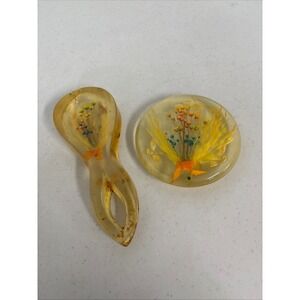 Vintage 1969 New Designs Inc Resin Trivet and Spoon Rest Set Dried Flowers MCM